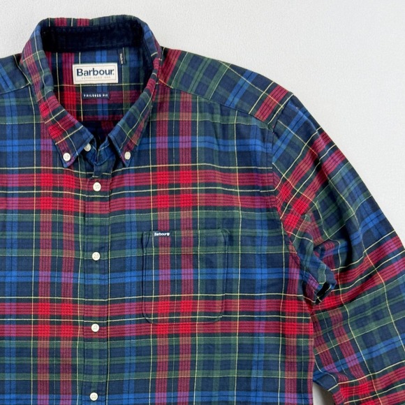 BARBOUR Tailored Fit Shirt Plaid Size XXL Navy Green Red Plaid Light Flannel - Picture 1 of 9